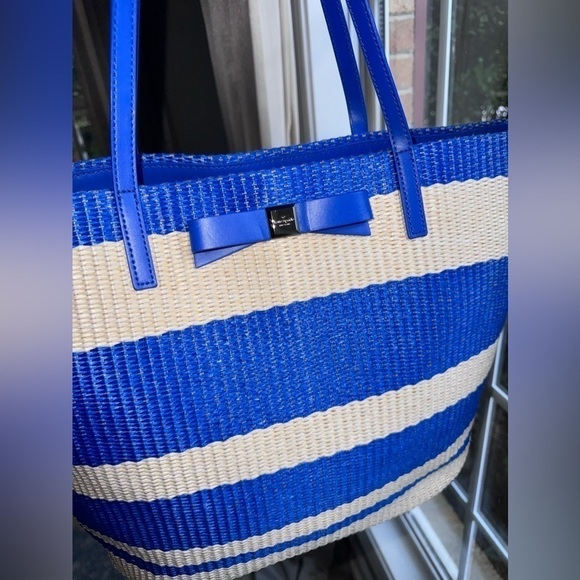 Kate Spade Blue White Striped Straw Wicklow‎ Court Anabette Large Tote Bag Purse - Picture 4 of 11